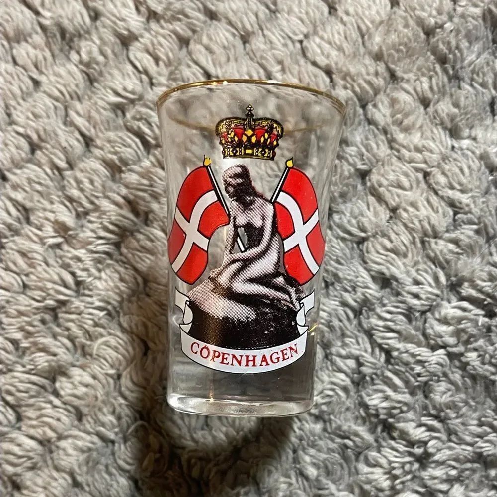 Copenhagen Souvenir Shot Glass with Danish Flags and Crown Design